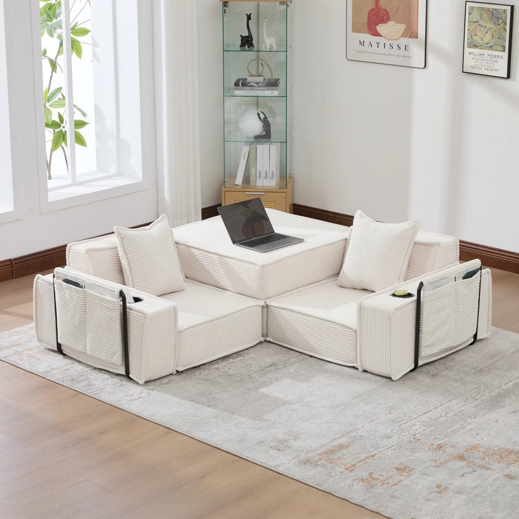 DIVANO pouf modulare 162x78x66 cm velluto a coste beige con 2 cuscini