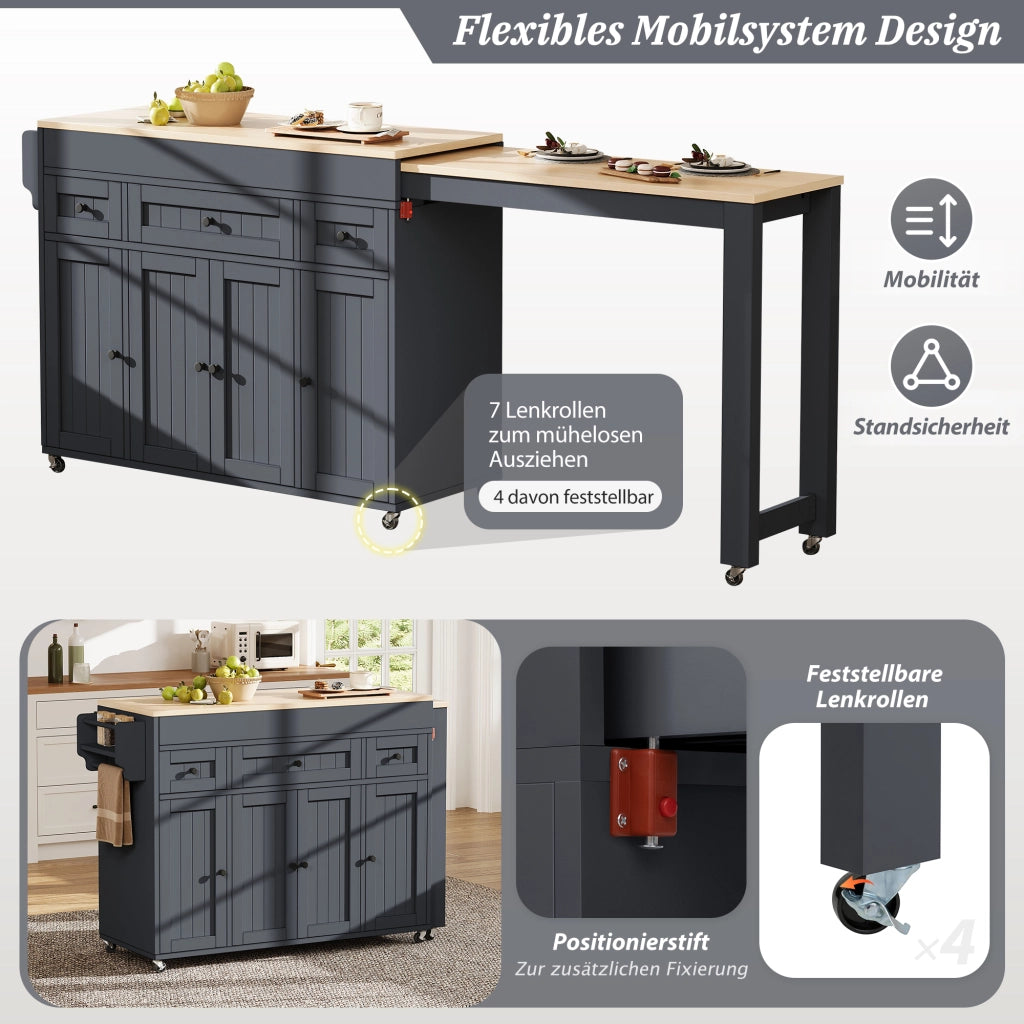 Carrello da cucina con piano estraibile, 3 cassetti, per cucina, grigio, 137-190,6 × 45,2 × 92 cm