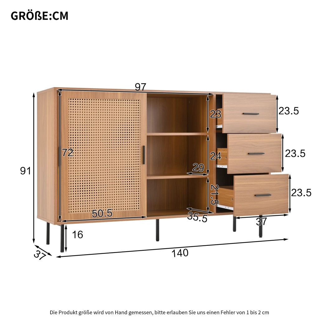 OKWISH Credenza con 2 Ante Scorrevoli in Rattan e 3 Cassetti, per Soggiorno o Sala da Pranzo, Truciolare, 140 x 37 x 91 cm