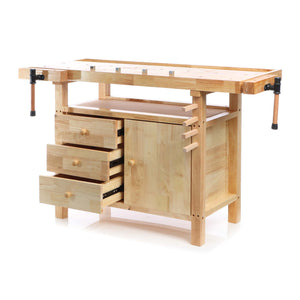 Banco da falegname in legno 126x50x84cm ganci e pinze di serraggio, cassetti e portaoggetti