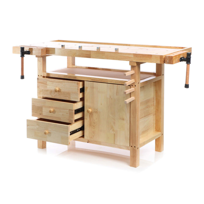 Banco da falegname in legno 126x50x84cm ganci e pinze di serraggio, cassetti e portaoggetti