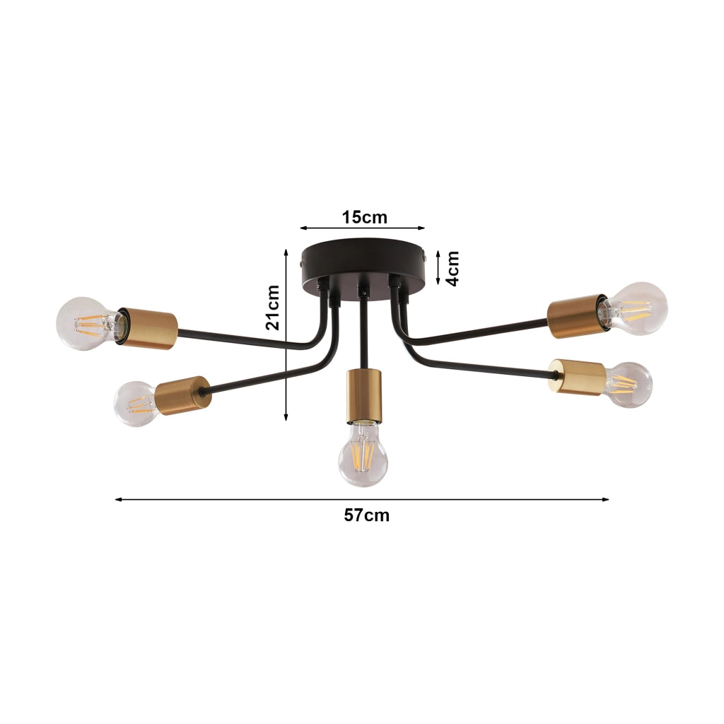 Lampada da Soffitto Benfleet con 5 Bracci in Metallo Nero con Attacchi Ottone lux.pro