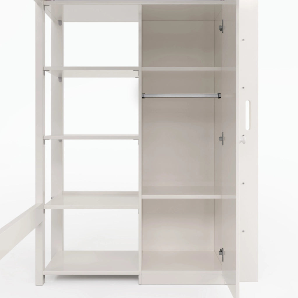 Letto a soppalco 90x200 cm con armadio e 6 ripiani, bianco