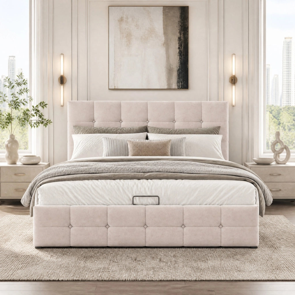 Letto imbottito con contenitore idraulico in velluto crema