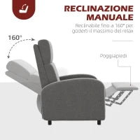 Poltrona Reclinabile 160° in Tessuto Effetto Lino con Braccioli Quadrati, 64x86x102 cm, Grigia
