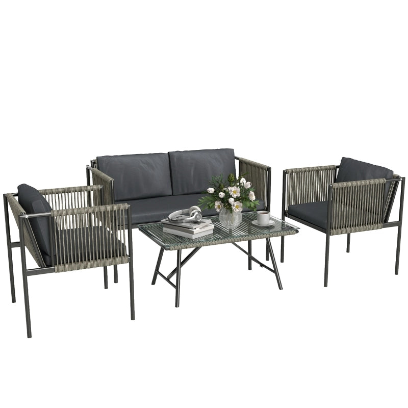 Set da balcone a 4 pezzi con 2 poltrone, divano a 2 posti e tavolino in rattan resistente ai raggi UV grigio