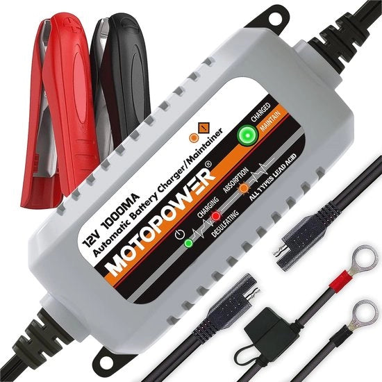 Caricabatteria automatico 12V per auto e motociclo - 1000mA con tecnologia di caricamento sicura