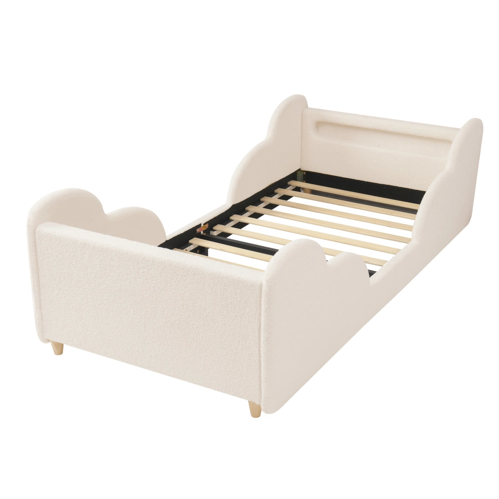 Letto per bambini 90x200 cm in bouclé beige con sponde imbottite, luce notturna, USB e rete inclusa