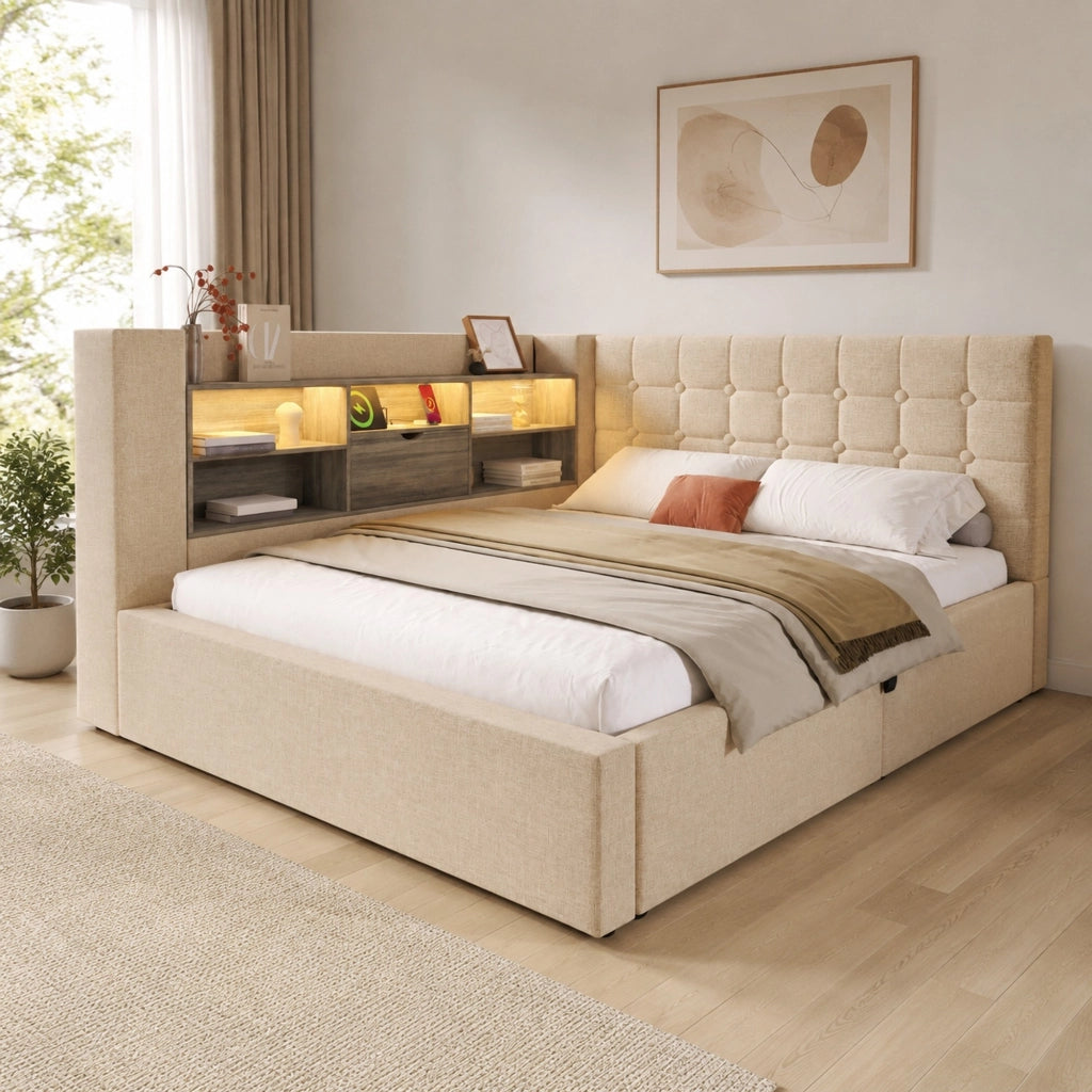 Letto imbottito 140x190 cm con LED, USB e vano contenitore