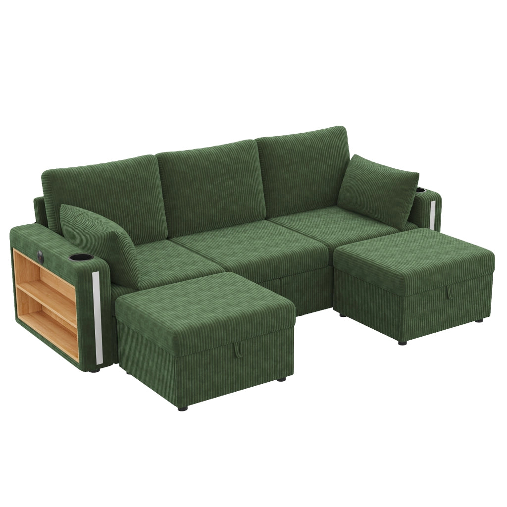 Divano modulare U/L con 2 pouf contenitore; LED; USB/Type-C; 190x130x85 cm; velluto a coste verde