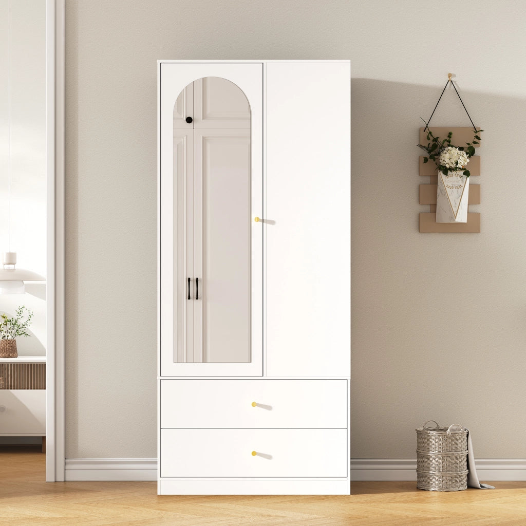 Armadio con specchio e 1 anta, 2 cassetti e 4 ripiani in MDF per camera da letto, bianco, 80 × 40 × 180 cm