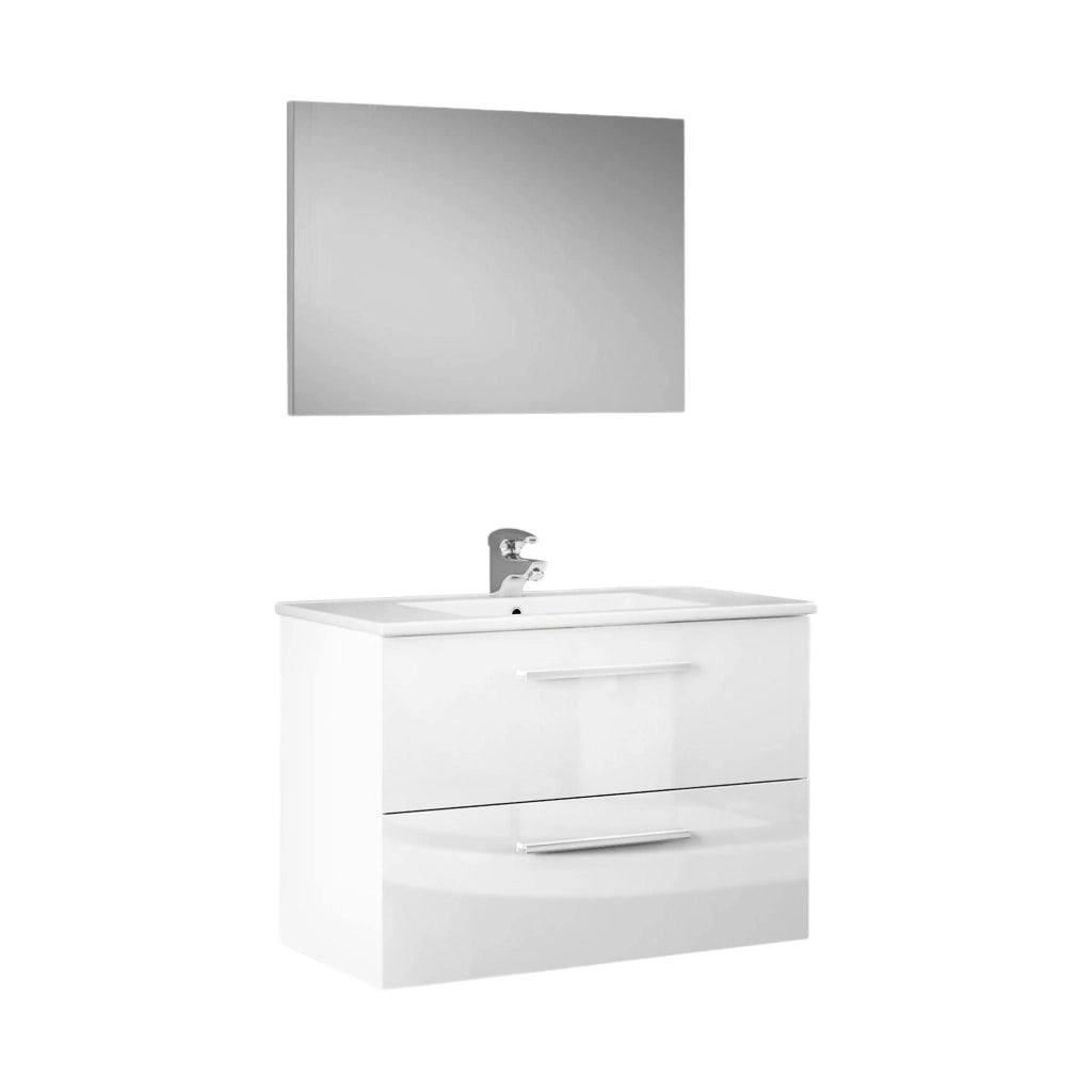 Mobile sottolavabo Albino, Mobiletto per bagno sospeso, Armadio a 2 cassetti e specchio, cm 80x45h57, Bianco lucido