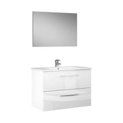 Mobile sottolavabo Albino, Mobiletto per bagno sospeso, Armadio a 2 cassetti e specchio, cm 80x45h57, Bianco lucido