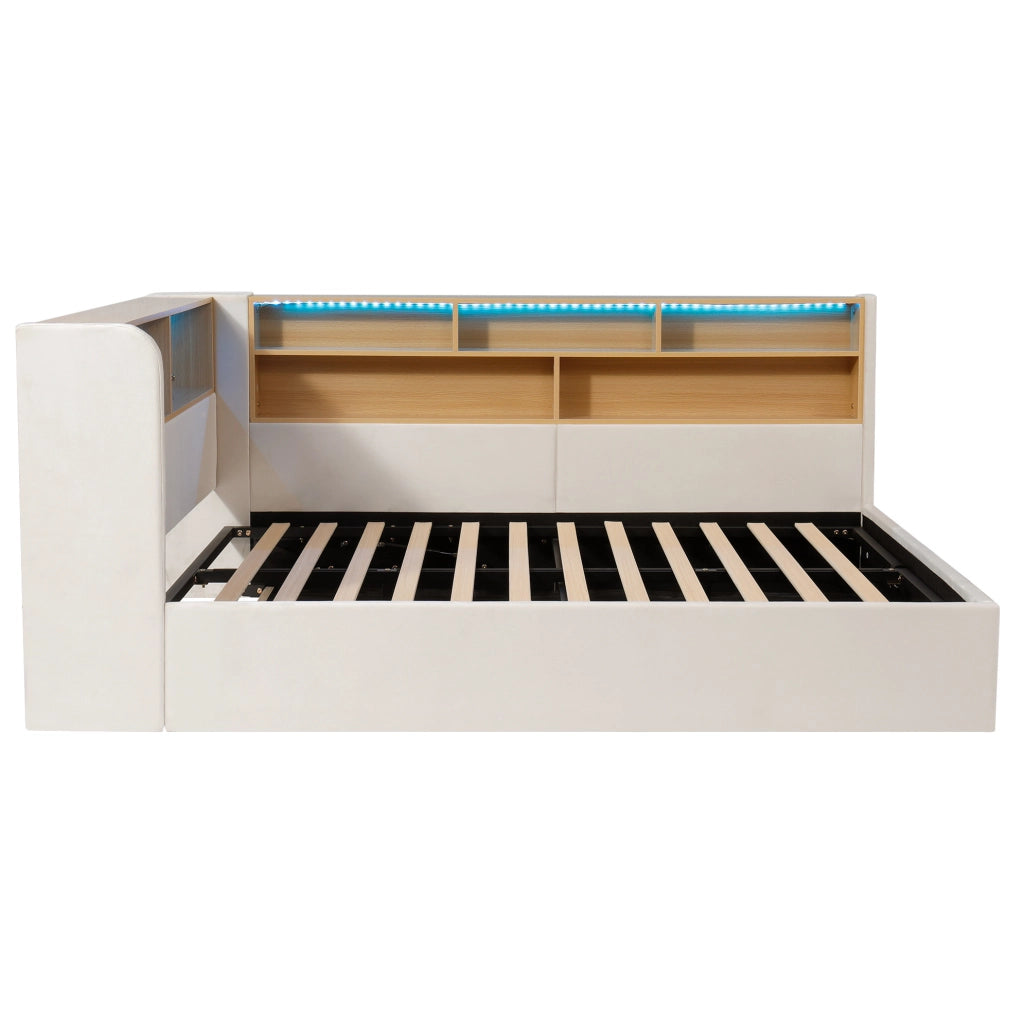 Letto imbottito beige con vano contenitore, LED e ricarica