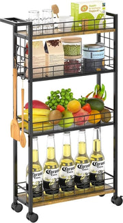 Carrello da cucina, trolley con 4 livelli, cassettone piccolo, armadio a muro su ruote, ripiano per bagno e cucina spaziale per spazi piccoli, cucina, bagno, biancheria, nero e marrone
