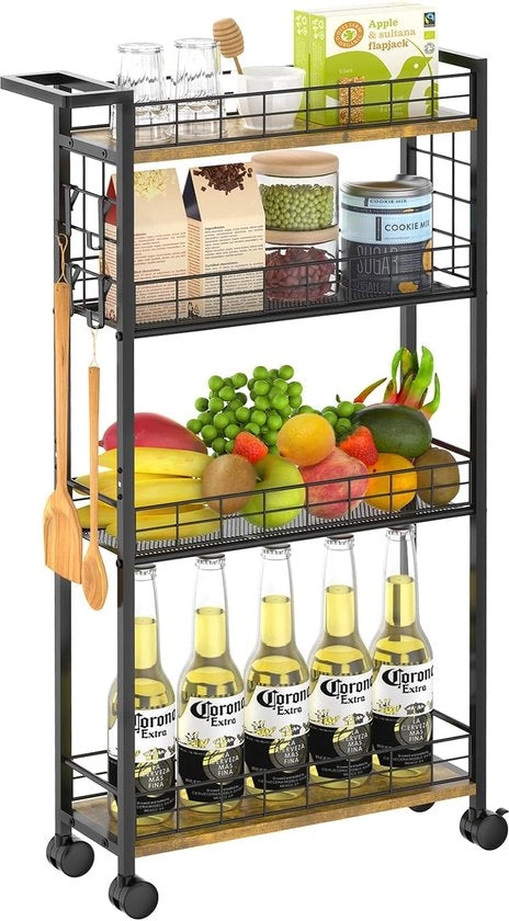 Carrello da cucina, trolley con 4 livelli, cassettone piccolo, armadio a muro su ruote, ripiano per bagno e cucina spaziale per spazi piccoli, cucina, bagno, biancheria, nero e marrone