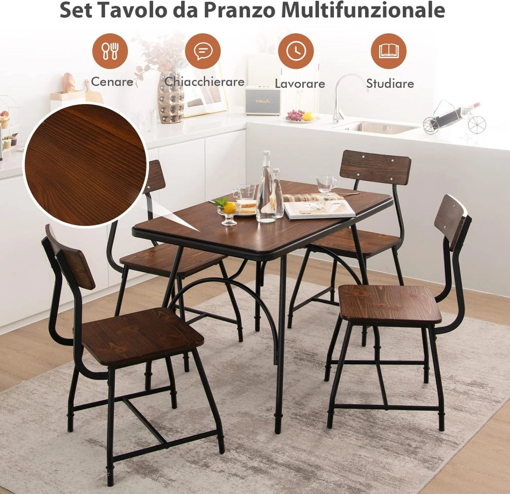 Set Tavolo e 4 Sedie da Pranzo, Set da Pranzo in Stile Industriale con Struttura di Metallo, Set Tavolo Rettangolare per Cucina Ristorante, Marrone (Set Tavolo e 4 Sedie)