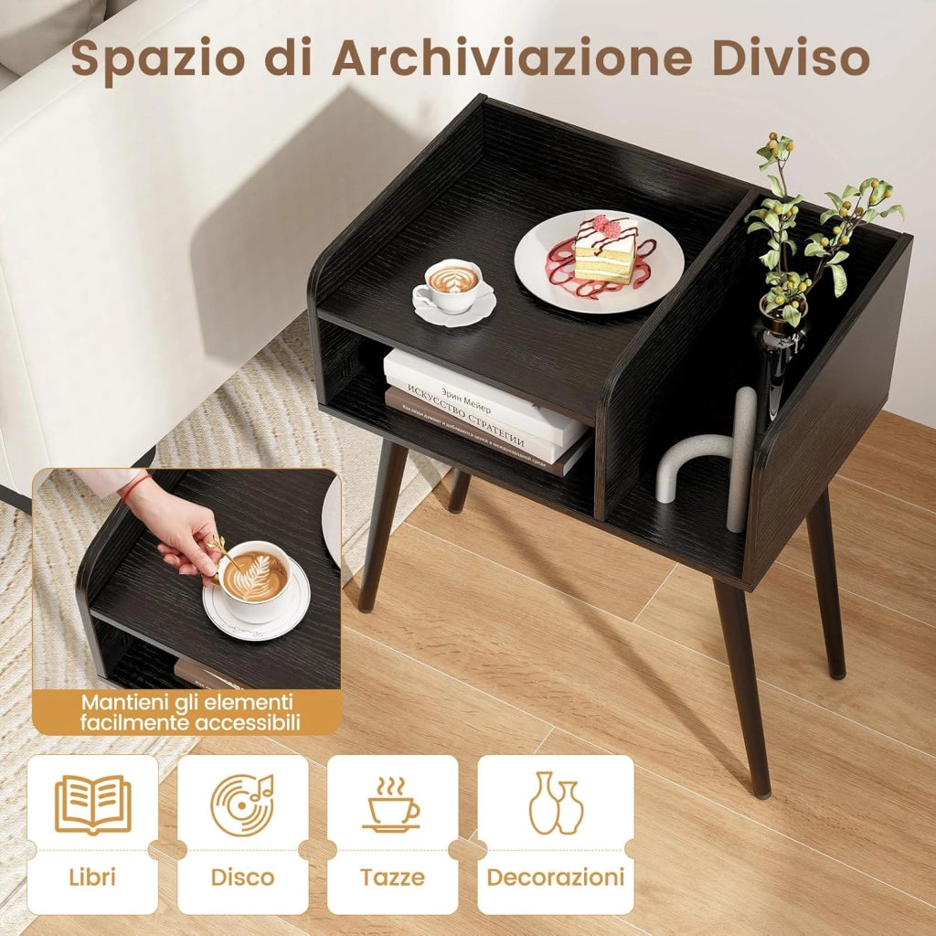 Comodino 50 x 32 x 58cm, Tavolino Moderno con Mensole Aperte, Gambe in Metallo e Poggiapiedi Regolabili, Comò Ideale per Soggiorno e Camera da Letto (Nero,2)