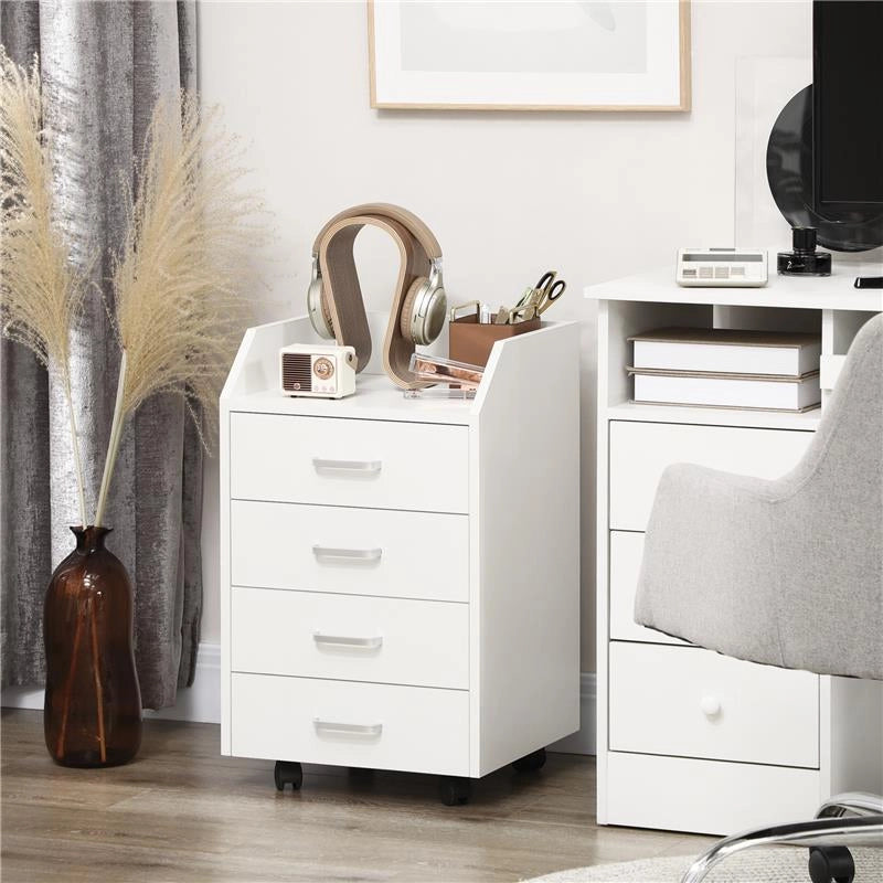 CASSETTIERA DA UFFICIO IN LEGNO CON 4 CASSETTI, RUOTE E BORDI RIALZATI, 40X36X65CM, BIANCO