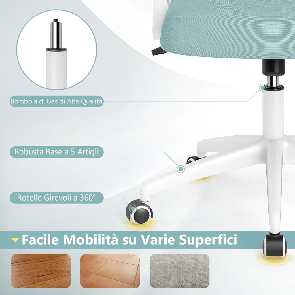 Sedia Ufficio Girevole 360°, Poltrona Scrivania con Regolabile in Altezza, Sedia da Lavoro con Supporto Lombare, Braccioli Ribaltabili, Ruote con Freni