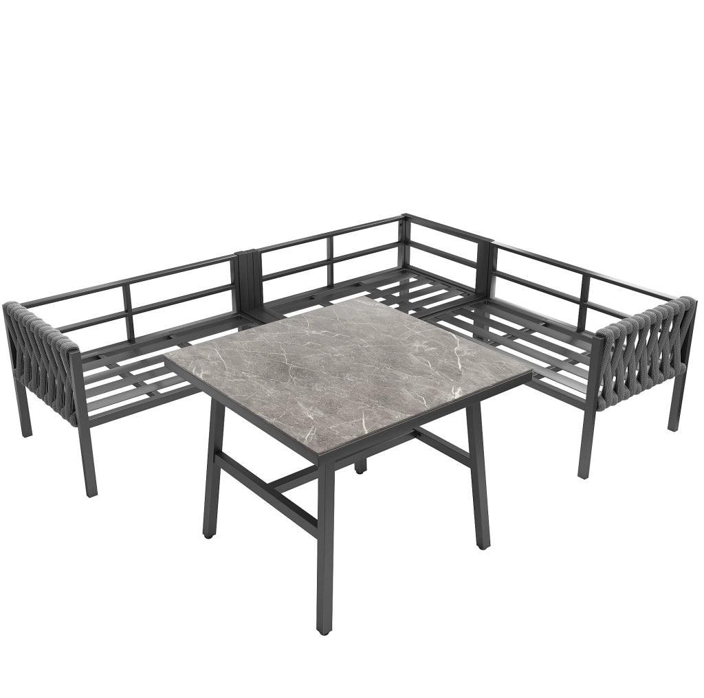 Set da giardino in metallo e poliestere con divano angolare; tavolo in vetro temperato; grigio