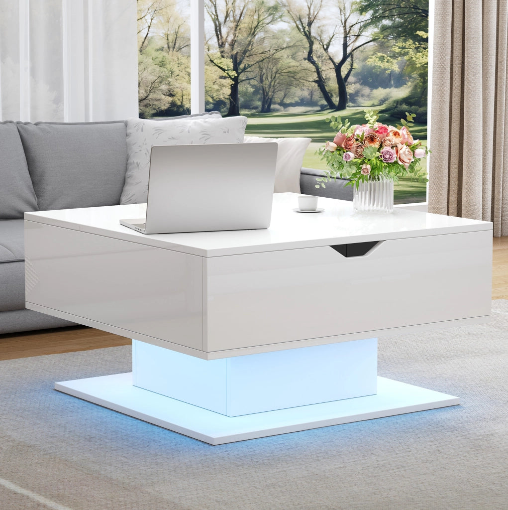 Tavolino da caffè sollevabile bianco con LED, vano nascosto e finitura lucida