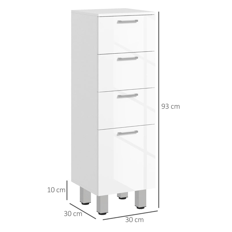 Mobiletto bagno stretto bianco con 4 cassetti, design lucido, 30 x 30 x 93 cm