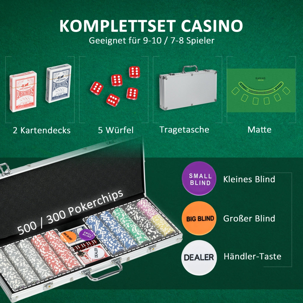 Set Poker Completo con Valigetta Argento 500 Fiches e Tappeto per 9-10 Giocatori Robusto e Portatile