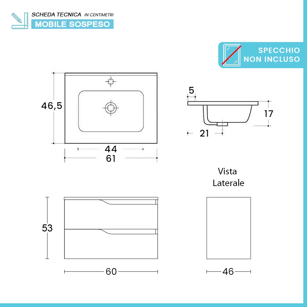 Mobile bagno sospeso 60 cm bianco e quercia con lavabo Sumya