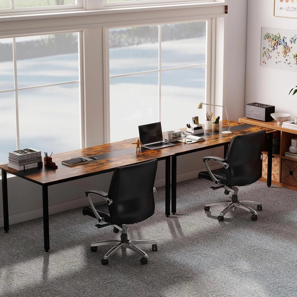 Tavolo da conferenza, 180 x 90 cm, con foro cavo, gambe in metallo, extra lungo, per sala riunioni, sala riunioni, marrone rustico, per 8-10 persone