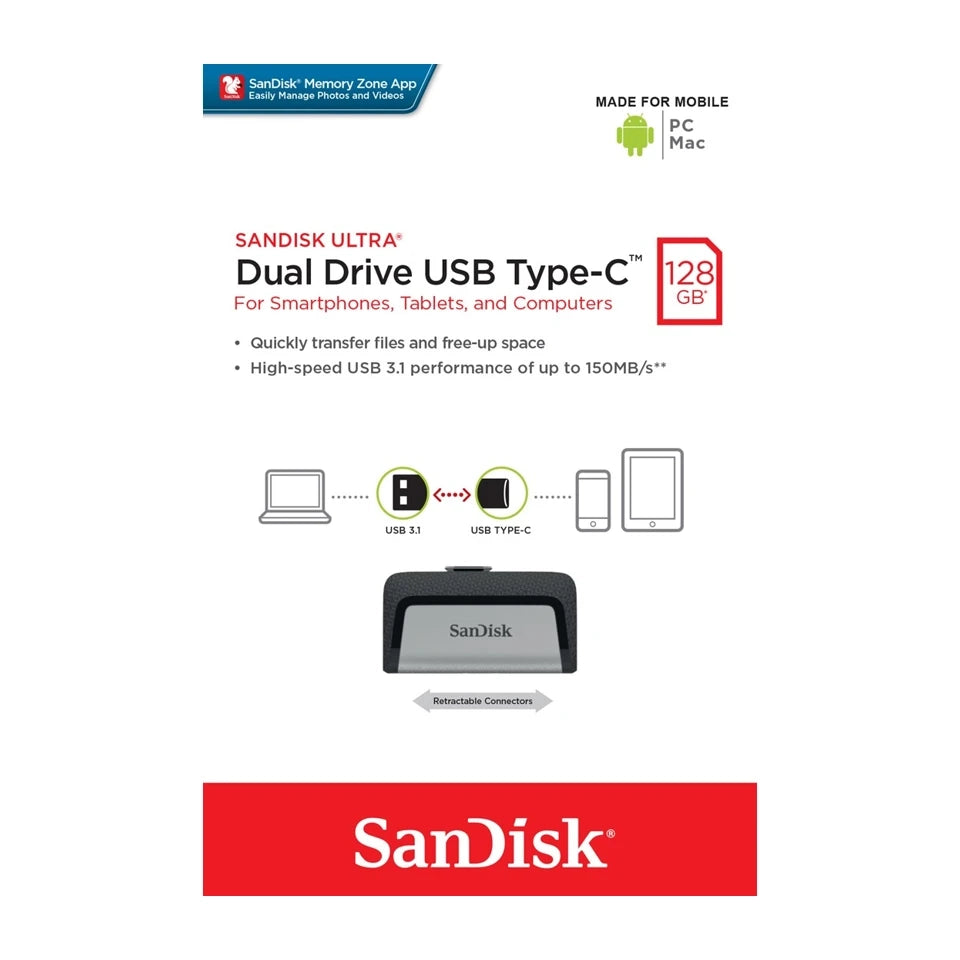 Chiavetta USB Sandisk Ultra Dual Drive USB Type-C da 128 GB USB Type-A / USB Type-C 3.2 Gen 1 (3.1 Gen 1) Nero, Argento