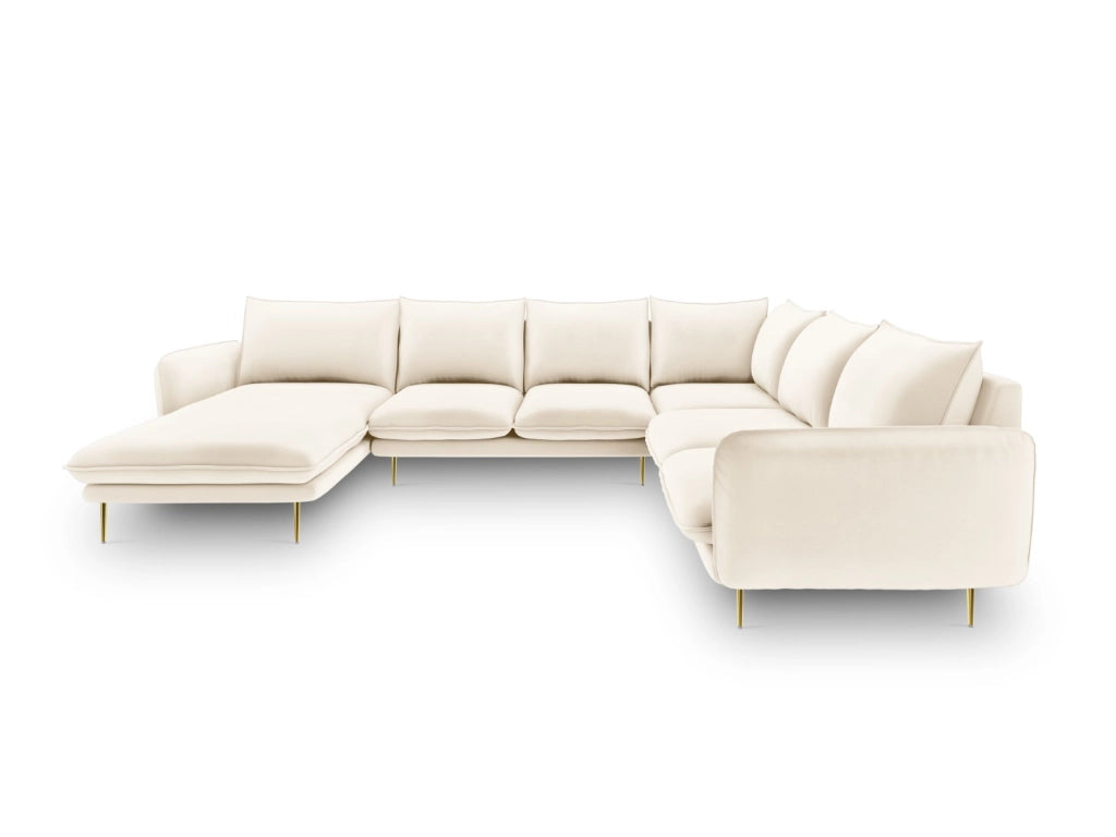 Cosmopolitan Design - Divano panoramico destro "Vienna" 7 posti in velluto beige chiaro 