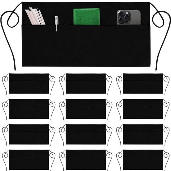 Set di 12 grembiuli con 3 tasche, cintura da servitore impermeabile, unisex, grembiuli con grandi tasche per libri, telefono e posate, nero