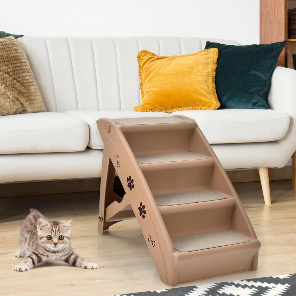 Scala per cani e gatti pieghevole, con tappetino in feltro, carico fino a 60 kg, rampa antiscivolo per cani e gatti per letto, auto, divano (marrone, 65 x 55 x 50 cm, 4)