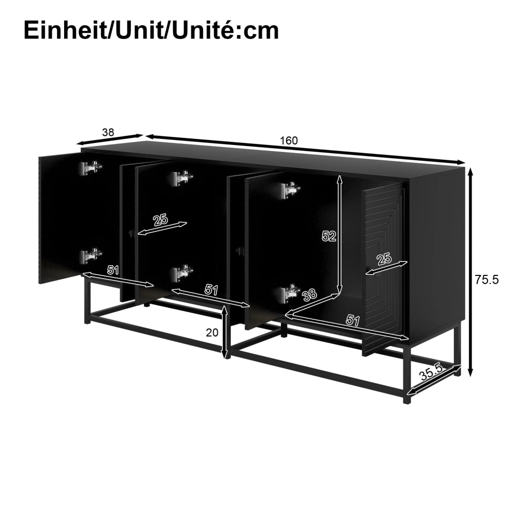 Credenza 160x38x75.5 cm con 3 vani a doppia anta in pannello truciolare nero