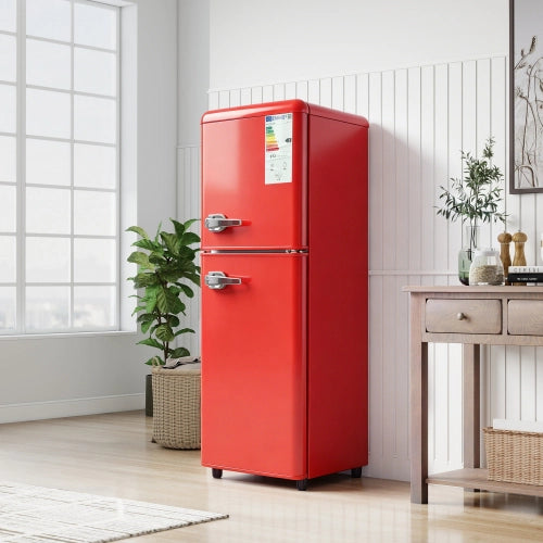 Frigorifero a doppia porta (112L) – controllo della temperatura a 7 livelli; classe di efficienza energetica E; luce LED; ripiani regolabili e portauova – Rosso