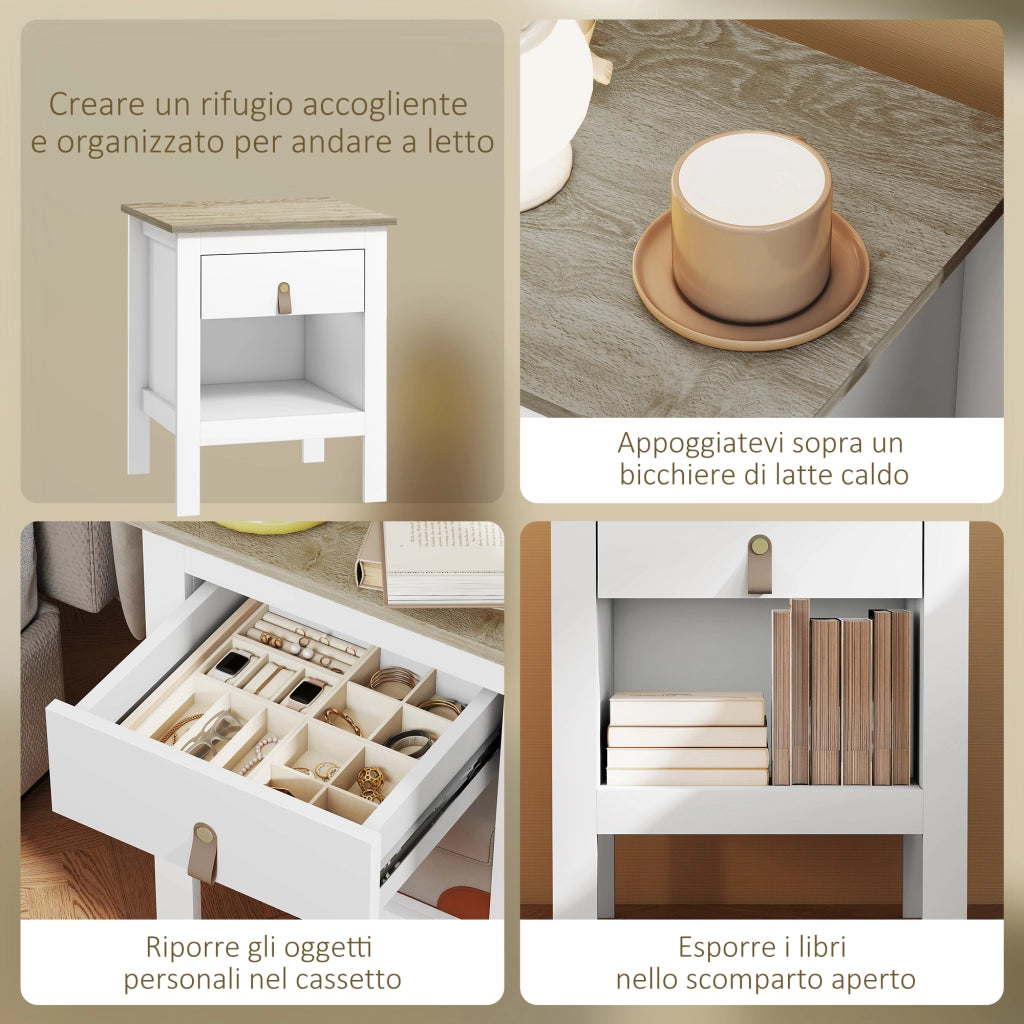Set 2 Comodini con Cassetto e Ripiano Aperto 45x40x55 cm in Legno Bianco e Rovere