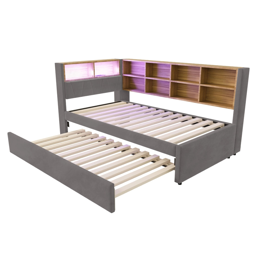 OKWISH Letto Divano 90×200 cm, Letto Singolo con Letto Estraibile 90×190 cm, LED, USB e Tipo C, senza Materasso, Flanella, Grigio Scuro