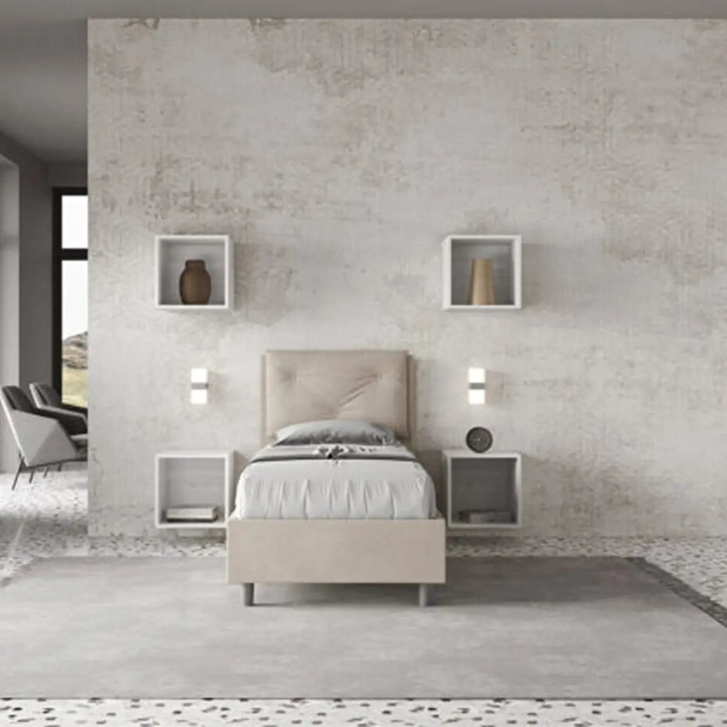 Letto singolo contenitore imbottito 80x190 microfibra sabbia Appia
