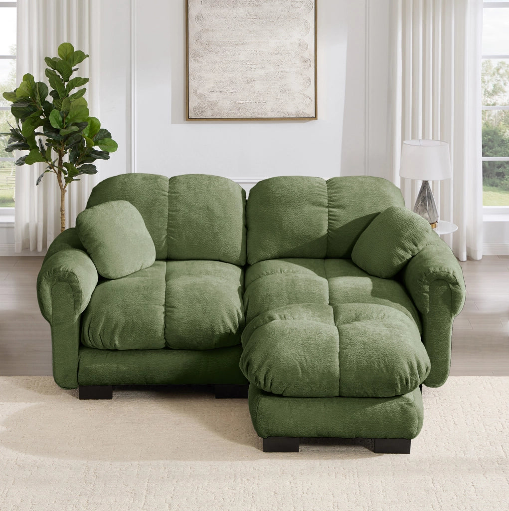 Divano modulare angolare a L 2 posti con pouf mobile 190x149x90 cm in chenille verde