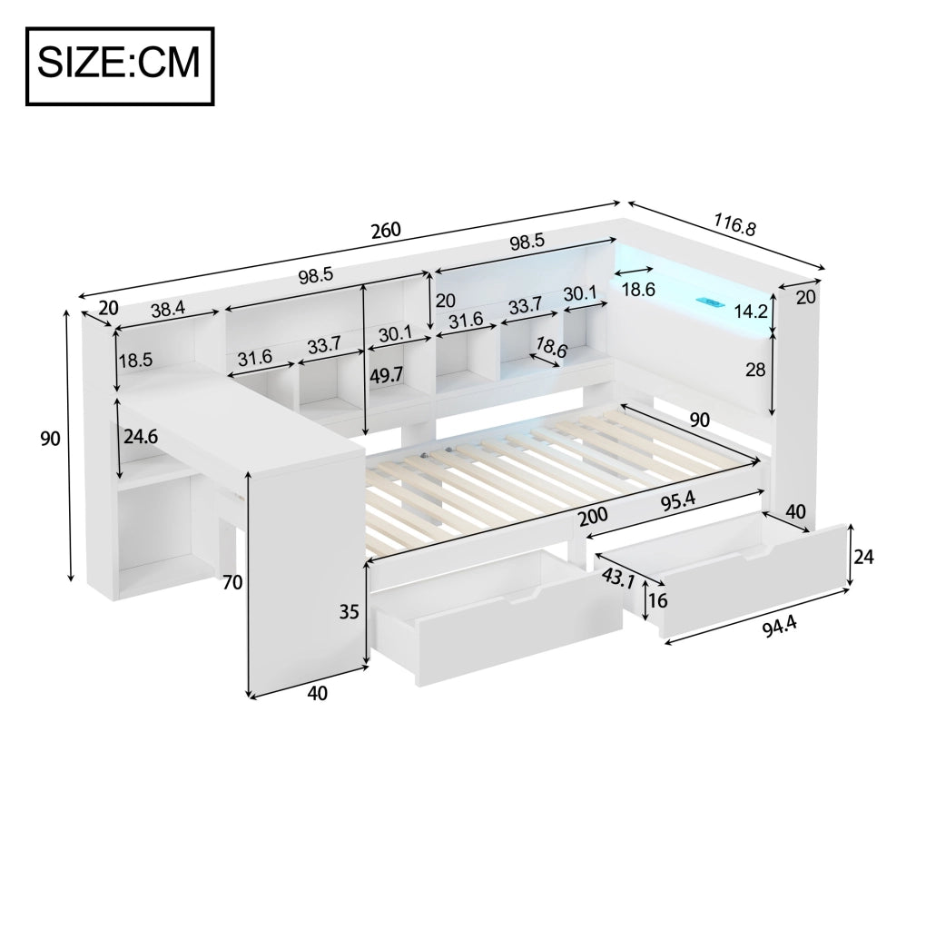 Letto singolo 90x200 con scrivania, libreria, LED e USB
