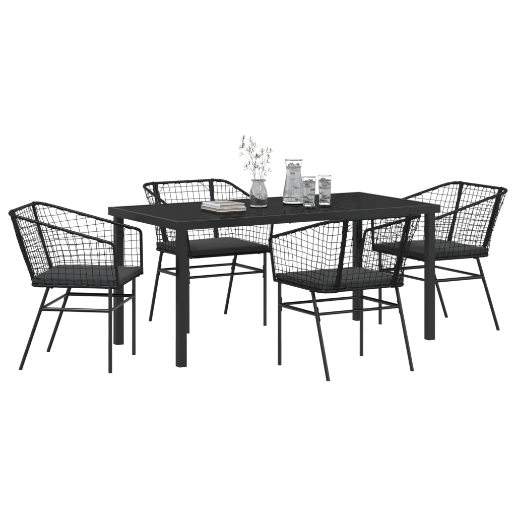 Set da pranzo da giardino 5 pezzi con cuscini in polyrattan nero