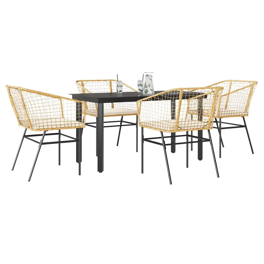 Set da Pranzo da Giardino 5pz con Cuscini Polyrattan Vetro