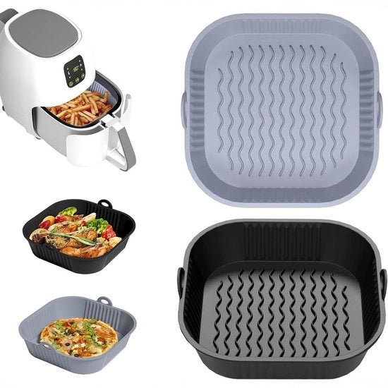 Accessori per forme in silicone per friggitrice ad aria da 5-8 litri, 2 contenitori in silicone per friggitrice ad aria da 21 cm, vaschette in silicone riutilizzabili (grigio e nero).