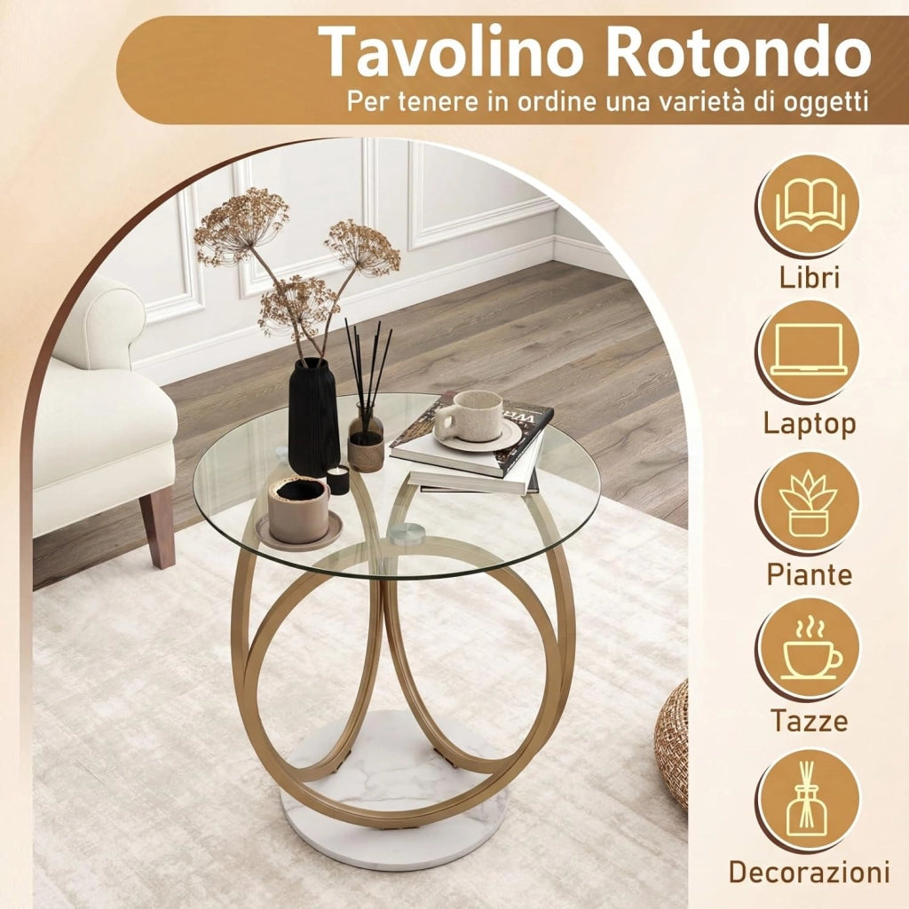 Tavolino da Salotto in Vetro, Tavolino da Caffè Rotondo con Struttura Geometrica ad Anello in Metallo Dorato a Forma di Cerchio, Tavolo Basso per Soggiorno, Ufficio e Studio