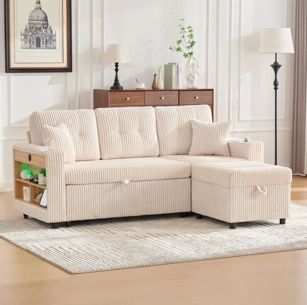 Divano letto estraibile in velluto a coste beige con contenitore; LED e USB-C