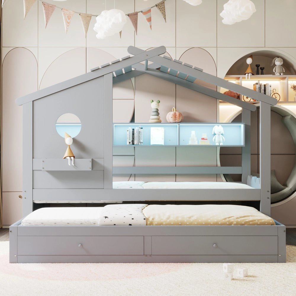 Letto Bambini a Casetta con Letto Estraibile ¨C Xylo ¨C Grigio, LED, Cassetti, USB, 90x200