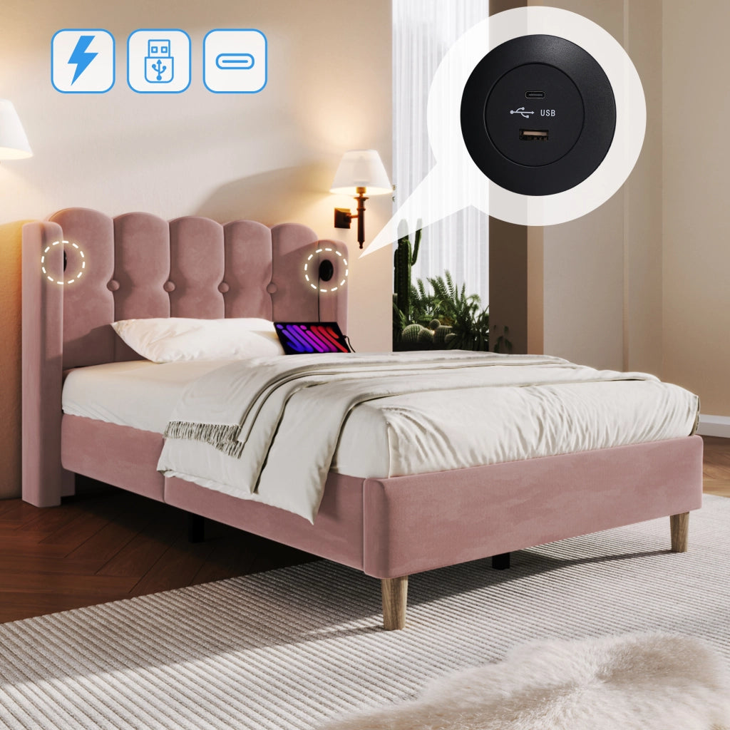 OKWISH Letto Singolo 90×200 cm con Porte USB, Tipo C e Testiera, senza Materasso, in Velluto, Rosa