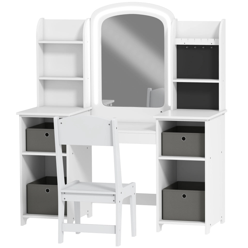 Tavolo da trucco bambini con sgabello e specchio LED ¨C zephmum ¨C 104x40x112 bianco