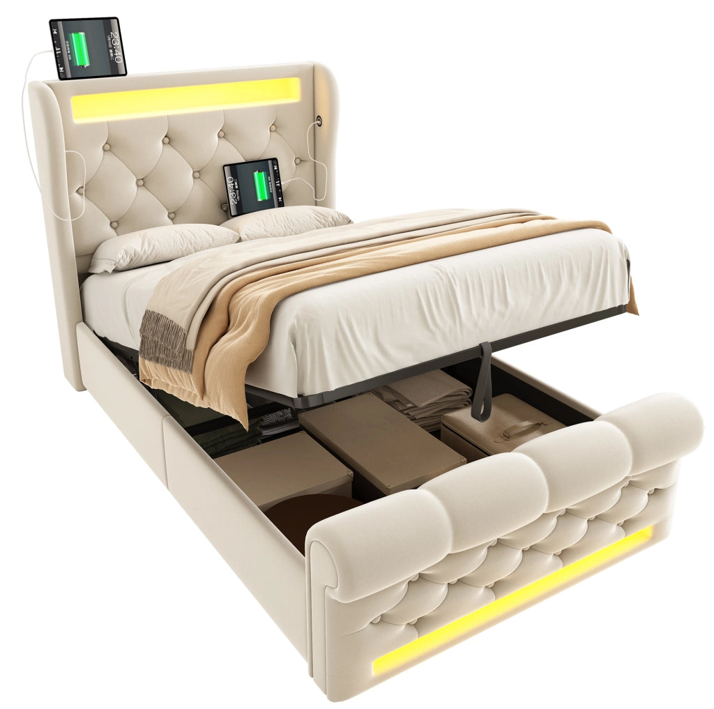 Letto singolo imbottito 90x200 cm in velluto beige con LED; ricarica USB e Type C; contenitore idraulico